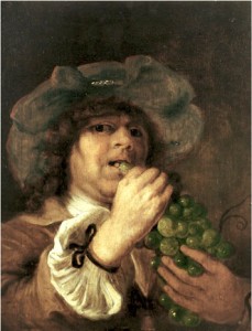 Carel Fabritius (1622-1654), "El gusto". Este pintor holandés, probablemente discípulo de Rembrandt, utiliza admirablemente los intensos contrastes de luz para expresar el gusto inmediato de la dulce uva en la punta de la lengua.