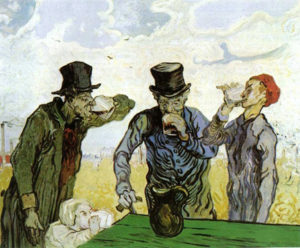 Vincent Van Gogh (1853-1890): “Bebedores”. Con pincelada rápida y estilo próximo al impresionismo, ironiza plásticamente con estos cuatro personajes distintos, incluyendo un niño de corta edad, enfrascados en uno de los males de la sociedad, la bebida. Emplea el color brillante de la mesa, el amarillo del campo o el gorro del obrero.
