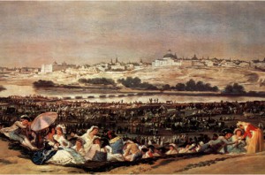 Goya: "La pradera de San Isidro". En los días de fiesta, salían las familias a disfrutar el campo en una bulliciosa forma de encuentro en la pradera.