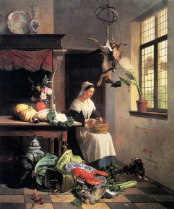 David Emile Joseph de Noter (1818-1892): “A Maid In The Kitchen”. Este pintor belga adopta las escenas de la vida cotidiana que ya habían sido tratadas dos siglos antes por los pintores holandeses. Maneja equilibradamente el color y el dibujo, dejando un plasmadas ocupaciones serenas y vitales.  